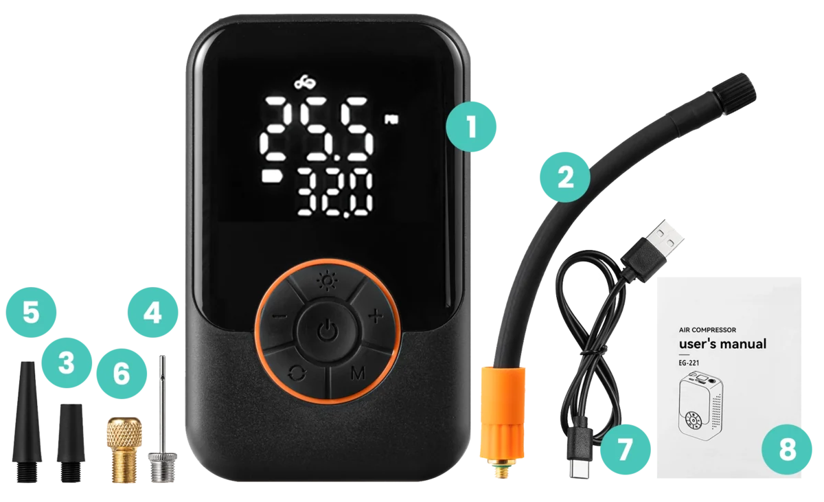 Auto Air with its hose, nozzles, USB-C cable and manual, numbered 1 to 8